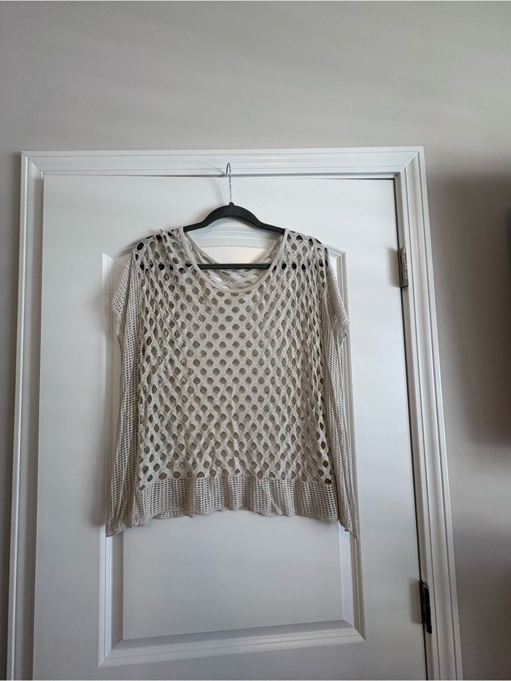 Beige Open-Knit Short Sleeve Sweater
